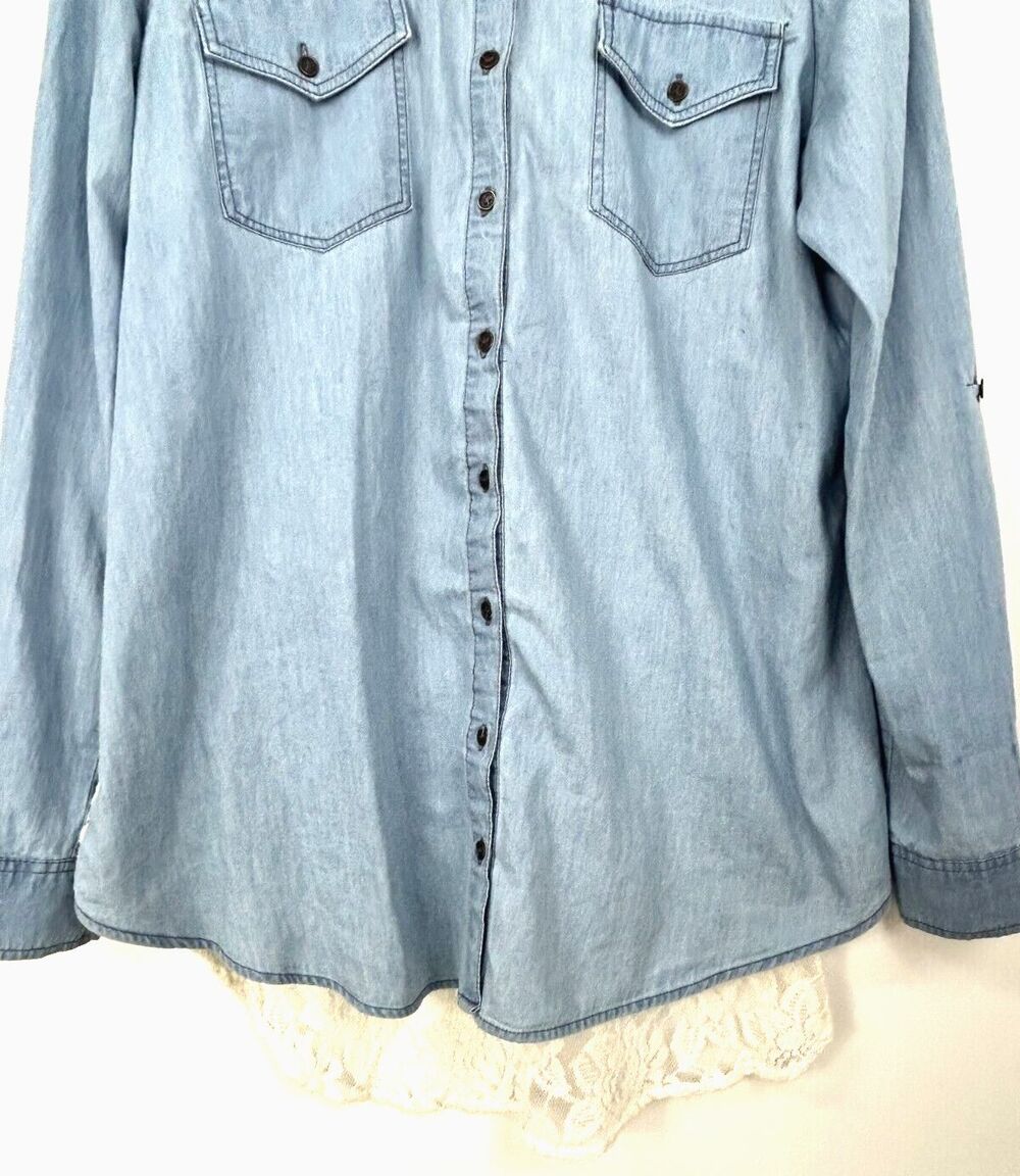 Wishful Park Size L Blue Chambray Button Up Blouse Lace Roll Tab Sleeve Top U3 - Picture 9 of 13